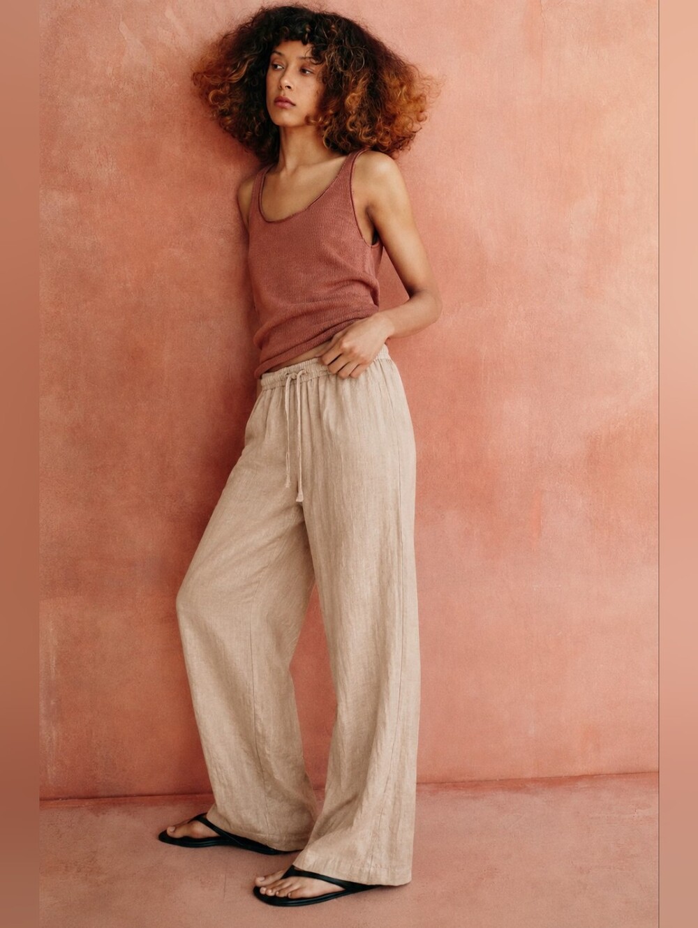 Zara 100% Linen Drawstring Wide Leg Pants Warm Beige XS